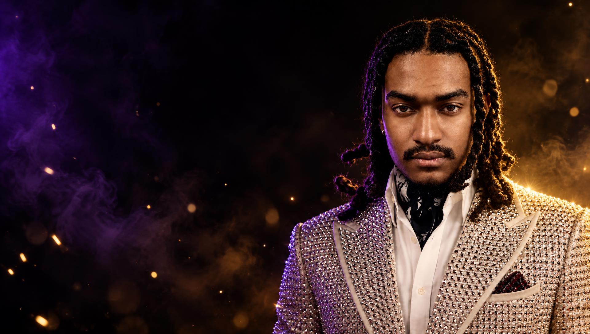 MQ in a jeweled silver suit under cinematic gold and purple lighting
